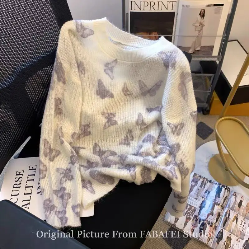 

Ленивый стильный фиолетовый пуловер с принтом бабочки для женщин, осенне-зимний мягкий восковой свитер