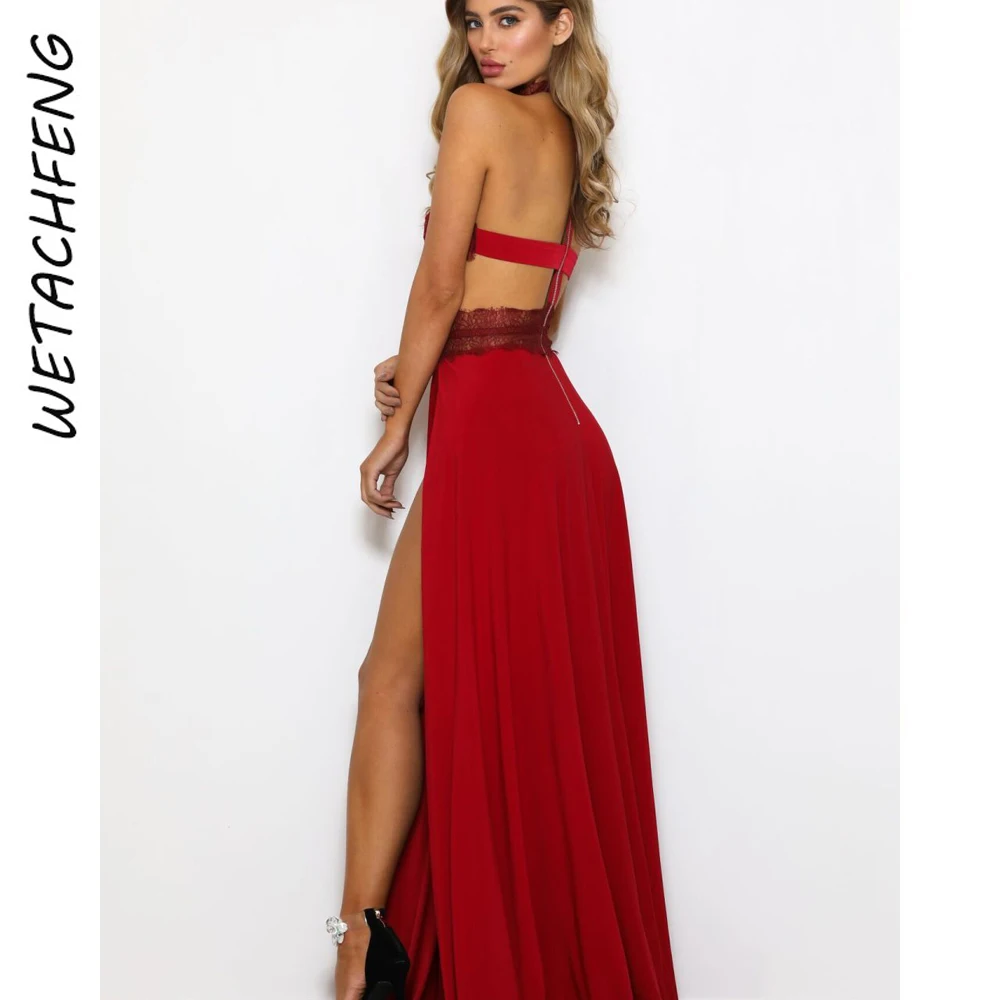 Abito lungo Sexy con spacco senza schienale in pizzo trasparente abbigliamento donna abito da sera per feste estive abito lungo Boho da spiaggia sottile rosso nero