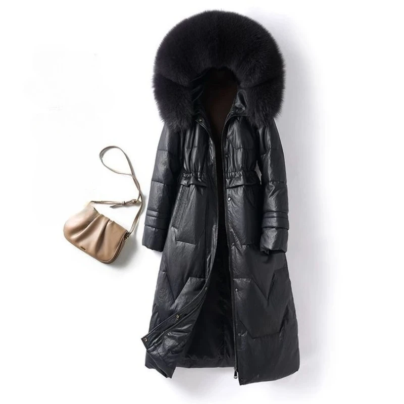 Autumn and winter new big fur collar hooded down jacket women's fashion thickened waist cinched versatile elegant long jacket