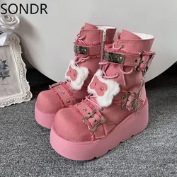 Womens Round Toe Platform Ankle Boots Wedge High Heel Metal Chain Creepers Japanese Harajuku Dark JK Shoes Warm Winter New 2024