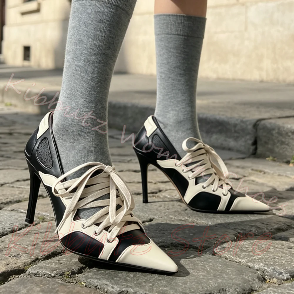 Sport Lace Up Mules Pumps Leather Patchwork Mixed Color Women Pointed Toe Stiletto Heel Streetwear Fashion Shoes Elegant Concise
