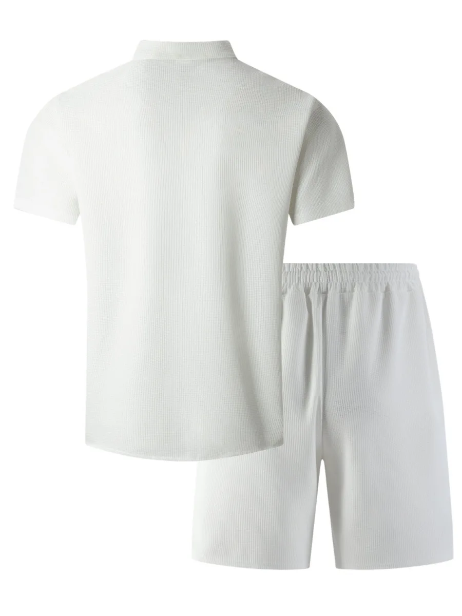 Men's new summer style waffle plain-color crew-neck t-shirt with pocket short-sleeved set with beach shorts men's casual suit