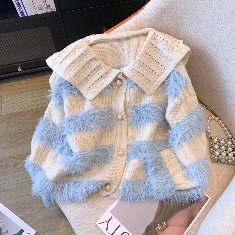 Korean Ins Sweater Autumn Winter New Hot Item Navy Collar Plush Patchwork Jacket Loose Slimming knitted Cardigan Coat Women