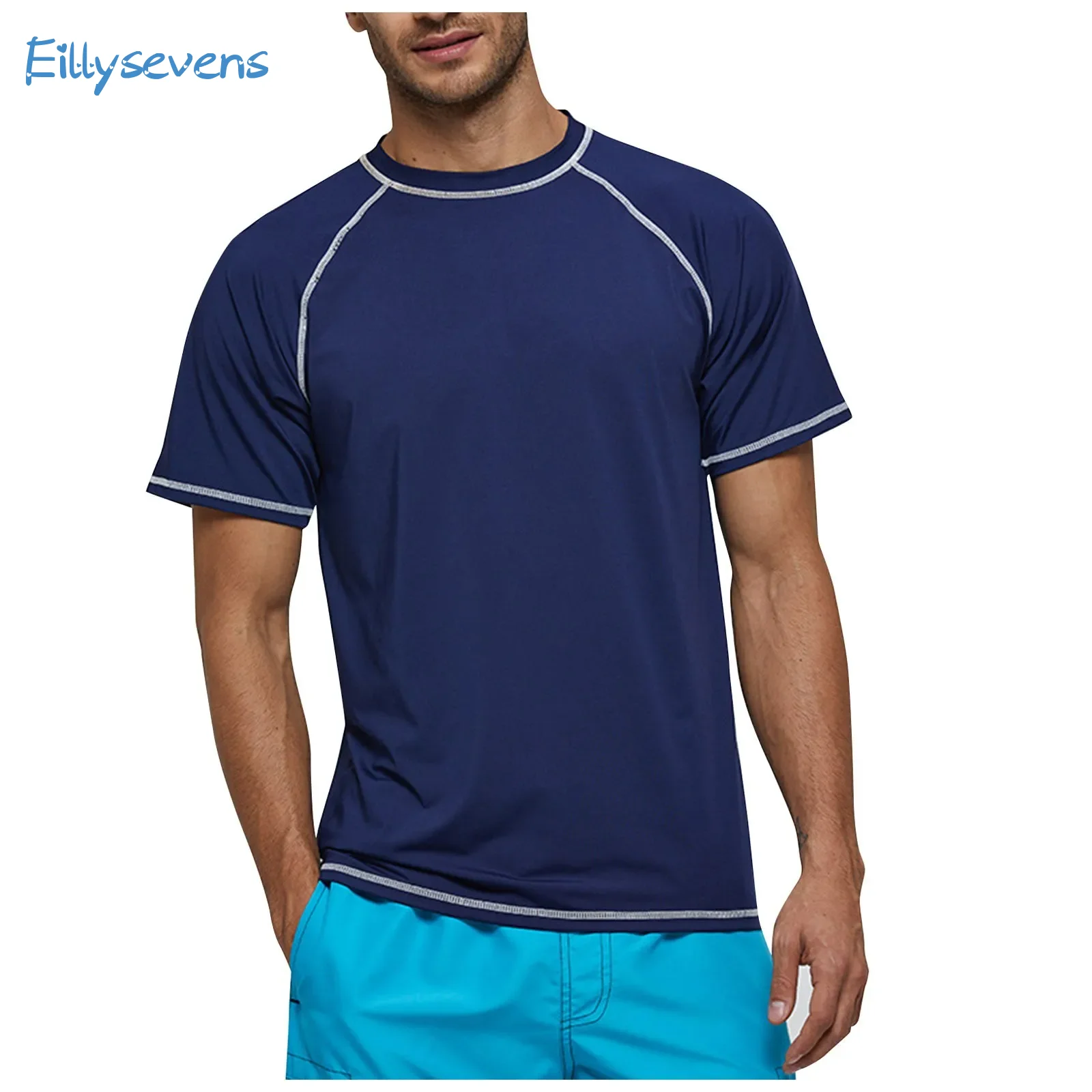 Men'S Short-Sleeved Tops Seaside Leisure Vacation Quick-Drying Clothing Tops Classic Simple Comfortable Surfing Suit Tops