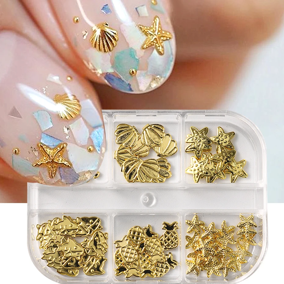 6Grids Luxury Nail Charms Ocean Shell Starfish Hawaii Design Gold Metal Jewelry Coconut Dolphin Figures Manicure Art Accessories