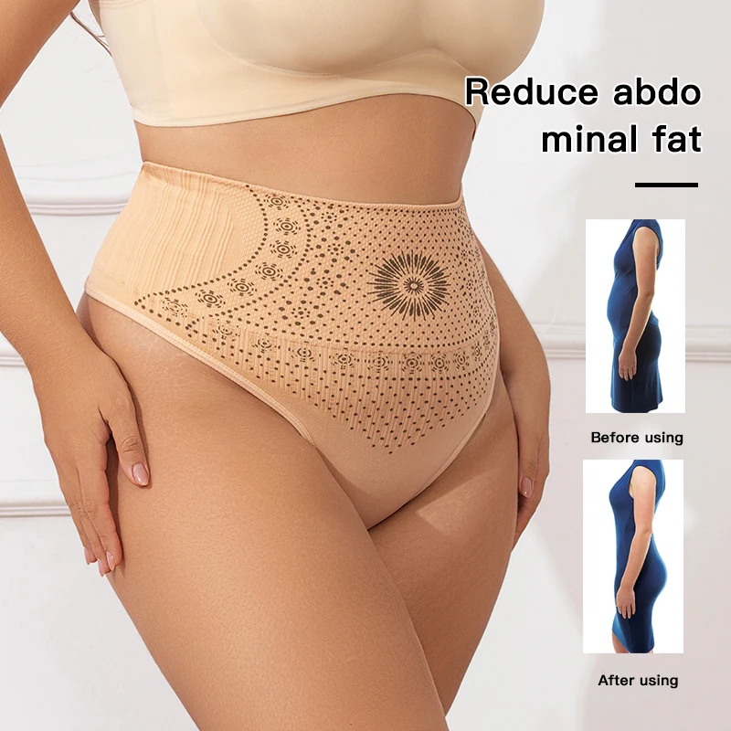 

UBAU размера плюс, женские бесшовные трусики-стринги с высокой посадкой, трусики с принтом живота, двухслойное корректирующее нижнее белье