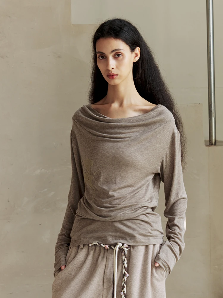 

Женская футболка свободного кроя из смесовой шерсти с рюшами на талии, осенняя коллекция 2025, повседневный стиль, однотонный топ