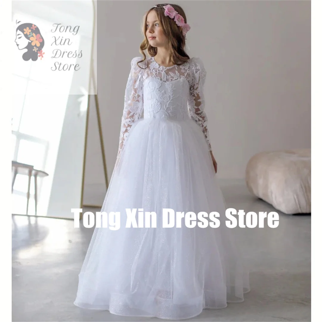 Customized Flower Girl Dresses White Tulle Flowers Embroidery Long Sleeve For Wedding Birthday Party First Communion Gowns