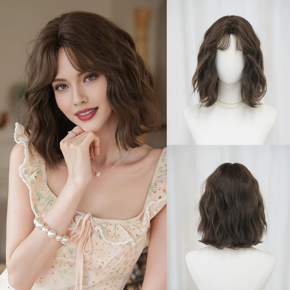 美しい女性用ウィッグ-フルヘッドカバー-女性用ショートヘア-エッグロール-ウォーターリップル-八字型前髪-シミュレーションヘア-自然なふわふわ感