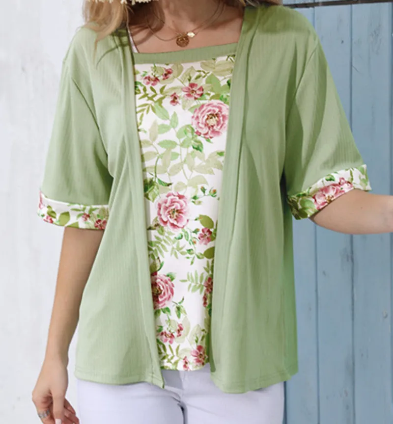 5XL Plus Size Women T Shirt Short Sleeve Retro Floral Print Fake Two Pieces Shirts Patchwork Summer Casual Square Collar Tee Top — zdjęcie 3