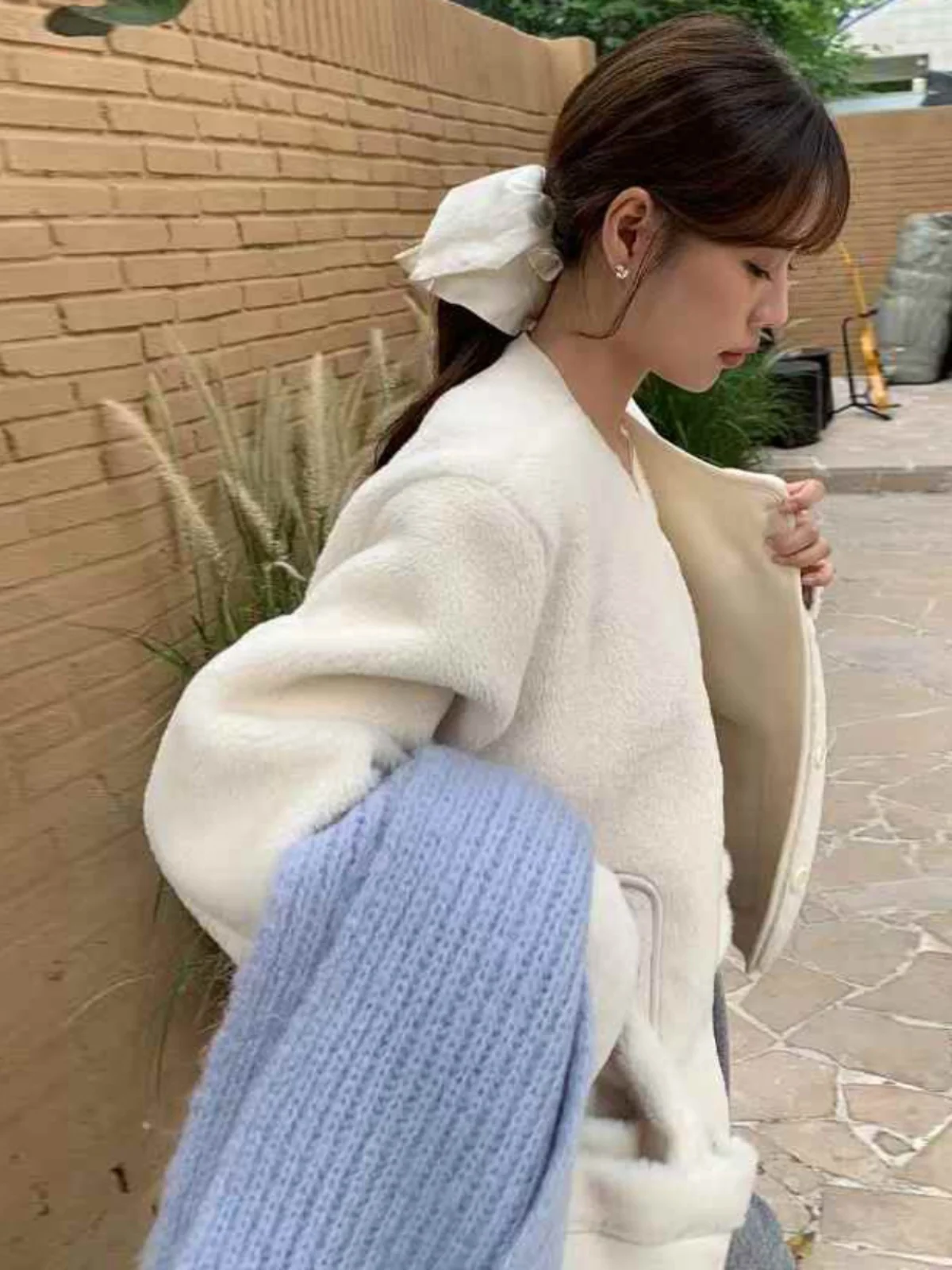 Capispalla invernale da donna, morbido cappotto peloso, chic, vintage, aosphere, set in due pezzi con borsa, vestibilità ampia, lungo, Sve V-Ne Bu...