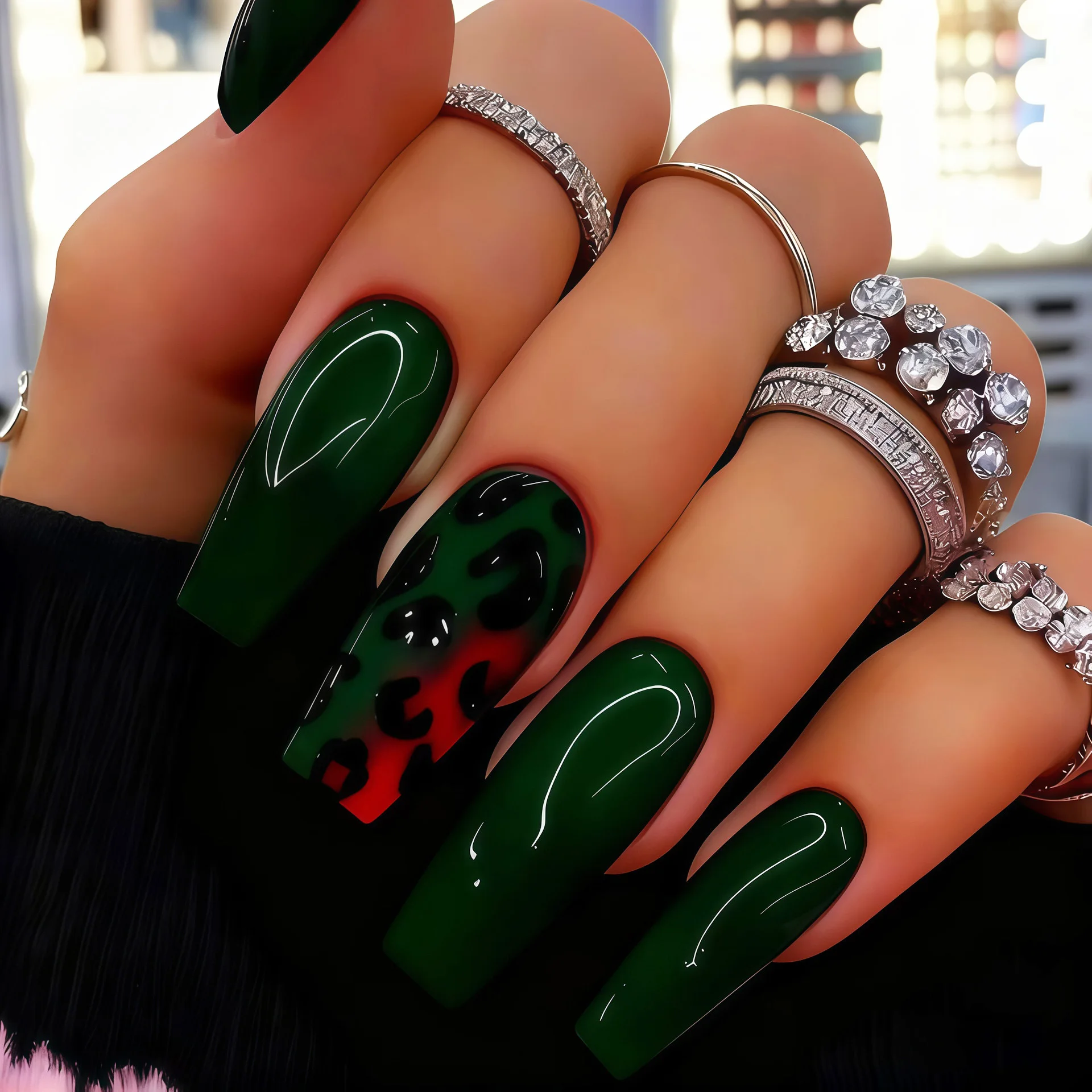 Medium fake nails tips for women girls gradient purple blue green red black leopard printing Square almond tips press on nails