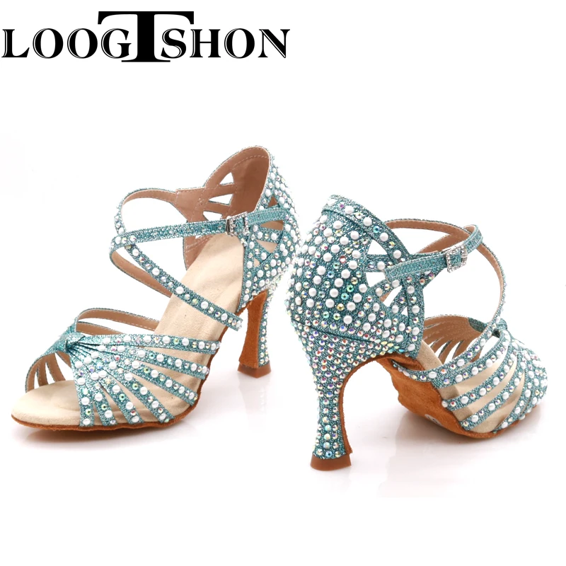 Loogtshon-zapatos de baile de satén con correas cruzadas, 7 bandas, completamente cubiertos con diamantes de imitación de cristal bidimensional,