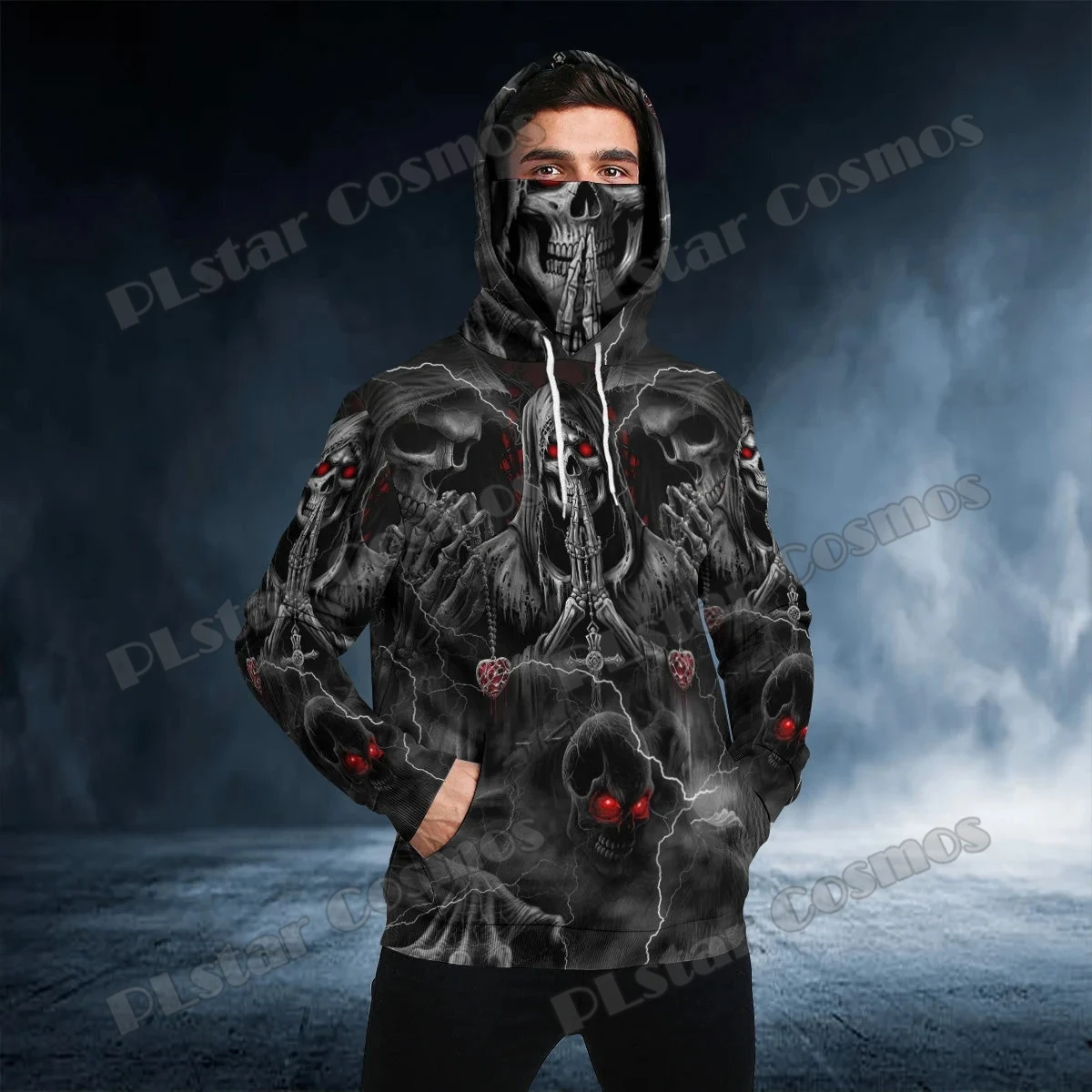 Grim Reaper Pray Ghost Skull 3D Printed Men's Adult Neck Gaiter Hoodie Winter Unisex Casual Warm Thicken Hoodie with Mask ZZ12