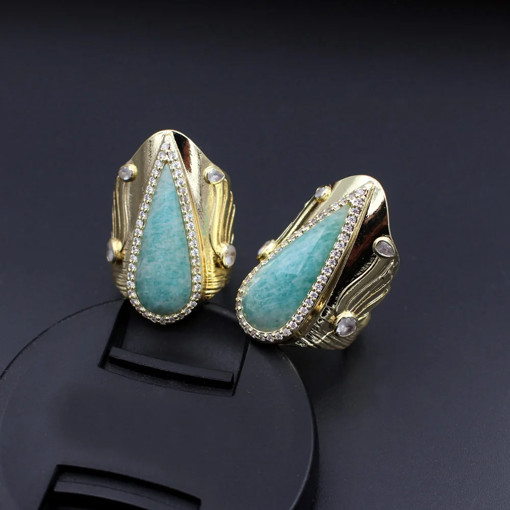 2pc CZ Facted Teardrop Women Men Rings Amazonite Labradorite Stone Adjustable Open Punk Finger Ring Wedding Party Gift