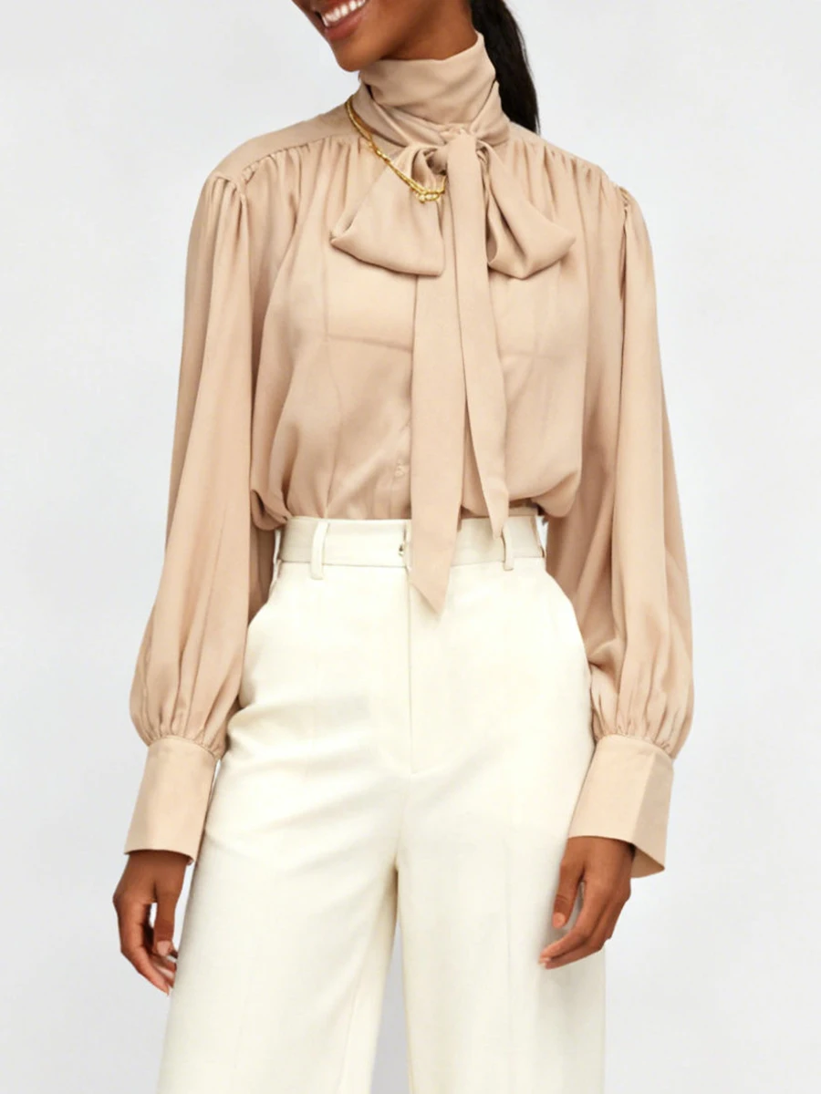 VGH Lose Falten Temperament Blusen Für Frauen Rundhals Langarm Herbst Casual Lace Up Solide Shirts Weibliche Mode Stil