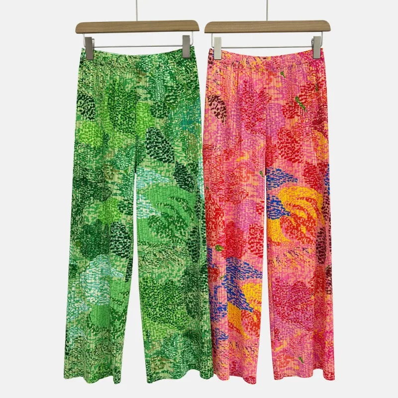 

Miyake Pleated Pants 2026 New Forest Green Print Elastic Waist Casual Straight-Leg Women's Lightweight Stretchy Draped Trousers