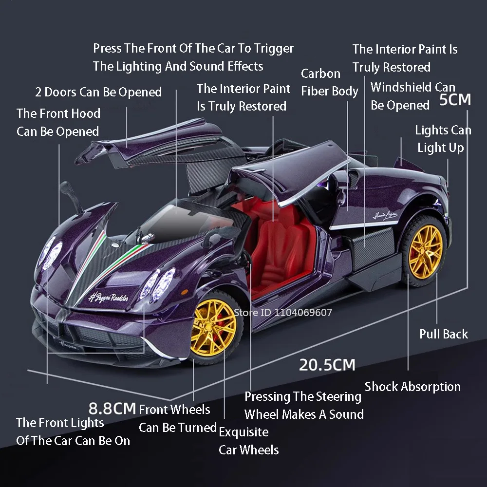 1:24 Pagani Huayra Dinastia Sport Car Model Toys Alloy Diecast Sound Light 4 Door Opened Racing Vehicle For Kids Gift Collection