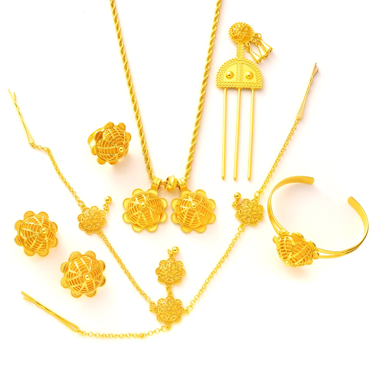 Ethiopian Gold Plated Jewelry sets Necklaces Earrings Ring Bracelet Hairpins Head Chains African Eritrean Weeding Holiday Gift