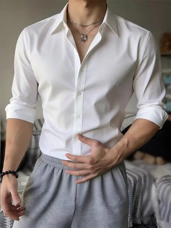 

White Slim Fit Long Sve Busin irt Inner Wear Suit for Men Casual Faionable Briti Sle Anti-Wrinkle Easy Care