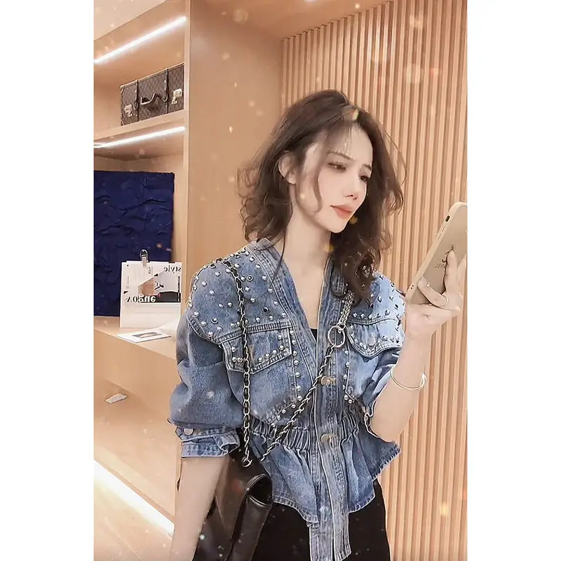 Turn-down Collar Nail Bead Denim Jacket Women Loose Zipper Outwear Jean Coat Female Spring And Autumn Jacket Blue Black Jackets