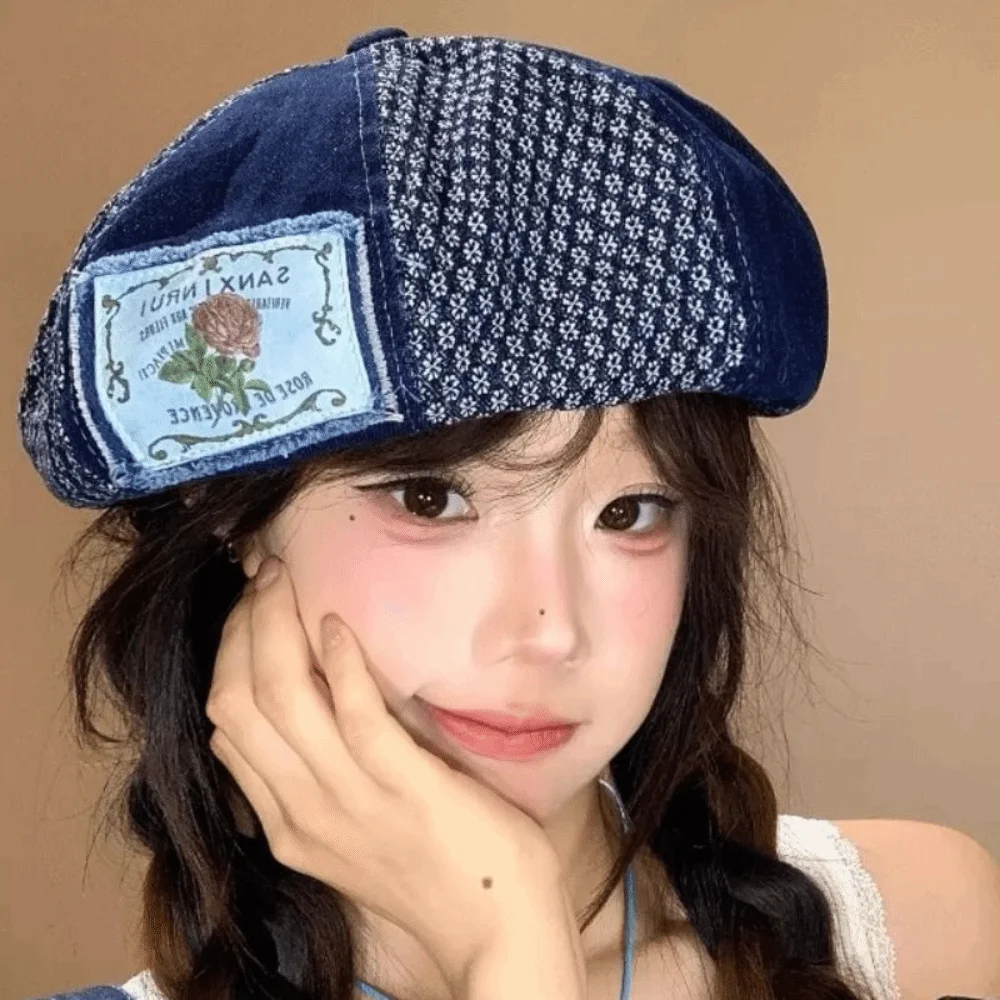 

Fashion Korean Patch Splicing Beret Y2k Vintage Denim Berets Cloth Versatile Painter Cap Girls