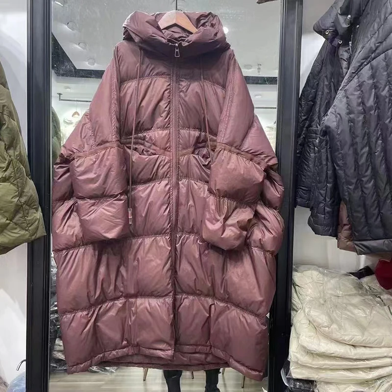 2024 Nuovo Inverno Con Cappuccio Con Coulisse Allentato Piumino Delle Donne Solido Casual Silhouette Lungo 90% Piumino D'anatra Bianca Cappotto Caldo