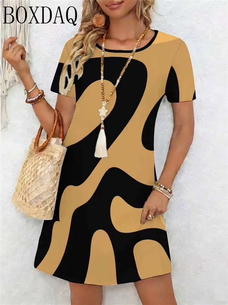 New Summer Women's Dresses Casual Short Sleeved Round Neck Abstract Pattern Printed Loose Dress