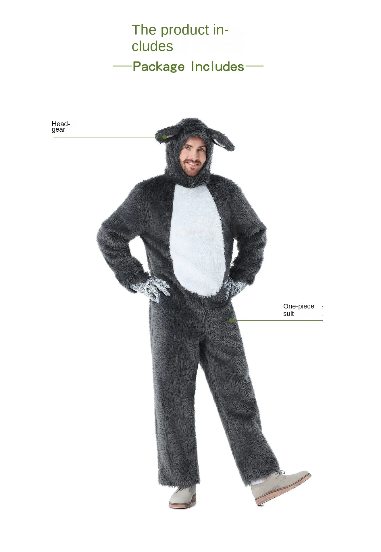 Flauschiger Herren-Wolf-Jumpsuit mit Kapuze und Wolfsohren, Weißer Bauch-Design, Erwachsenen-Halloween-Tier-Cosplay-Outfit – Detail 2