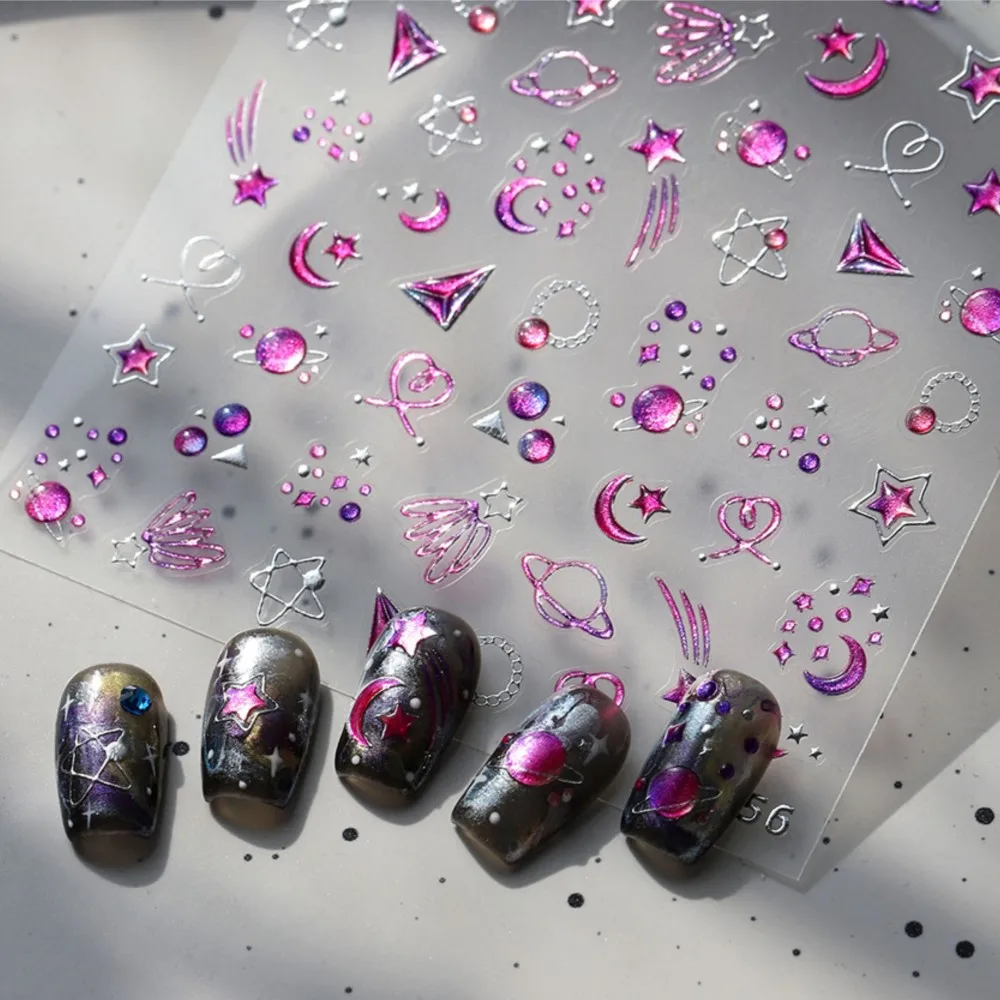 1PCS 5D 엠보싱 별 달 행성 네일 스티커 보라색 별빛 하늘 추상 네일 아트 데칼 셀프 접착 드림리 매니큐어 슬라이더