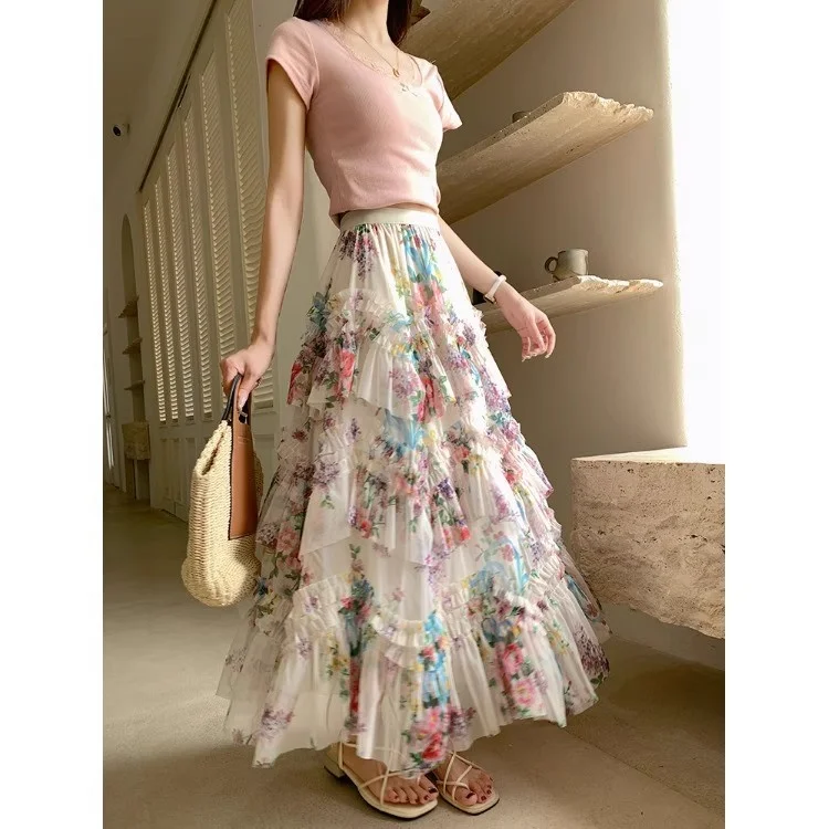 

French Retro Court Style Lace Patchwork Long Skirt Women's Colorful Flower Puffy Mesh Printed Cake Skirt w160