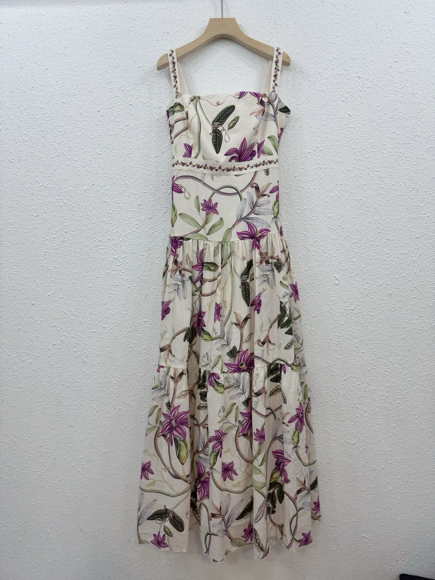 

100% Linen Bohemian Floral Print Linen Maxi Dress Women Spaghetti Strap Tiered Long Dress Casual Summer Beach Party Sundress New