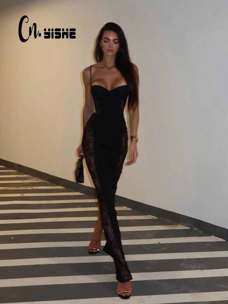 CNYISHE Lace Patchwork Camisoles Solid Split Women Dresses Hip Wrap Sheath Fashion Chic Party Outfits Sexy Club Trendy Female