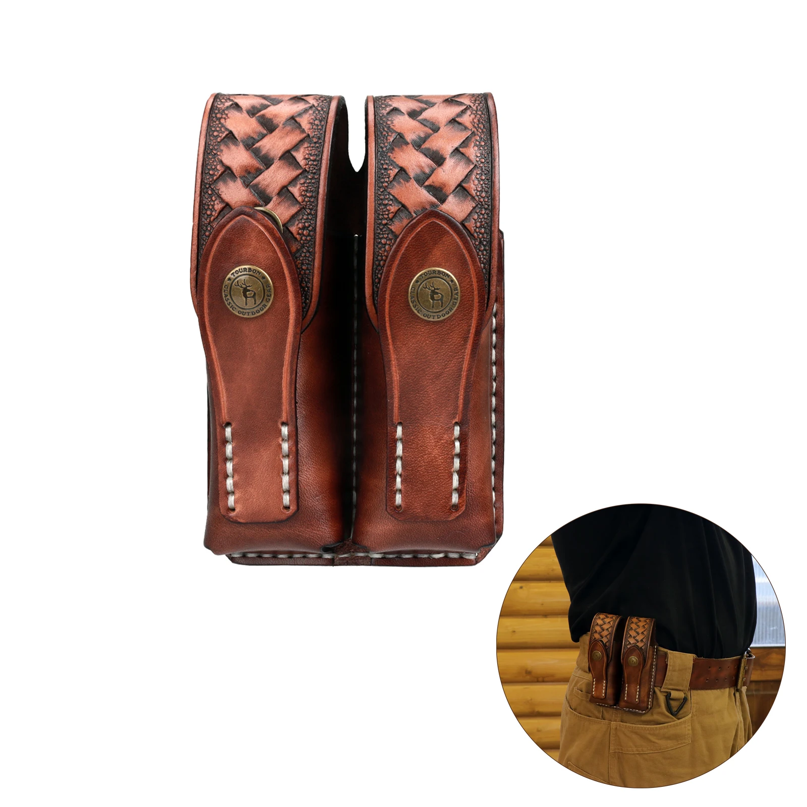 

Tourbon Leather 9mm Pistol Double Mag Bag Brown Double Stack Magazine Belt Holster for .380 / 40 Cal for S/Colt 1911 Hunting