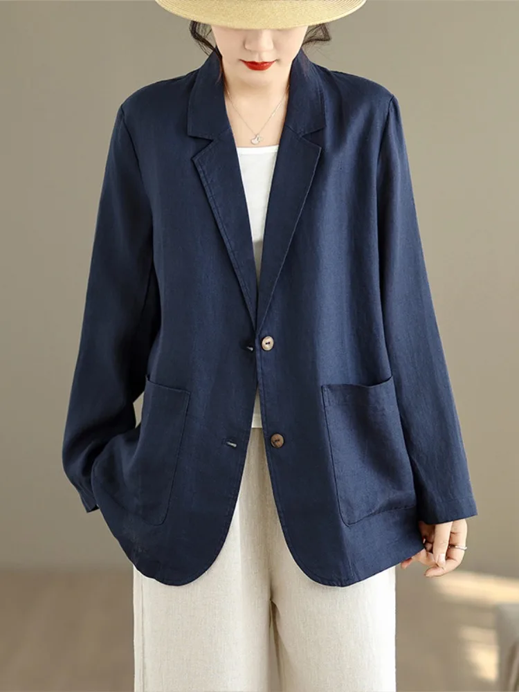 Casual Style Cotton Linen Long Sleeve Suit Jacket Women's High End Loose Fit Cardigan Top Breathable Straight Hemline Pure Color