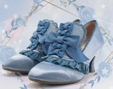 Sweet Ladies Pink Blue Burgundy Silk Butterfly Knot Round Toe Pumps Women Slip On High Heel Lolita Cosplay Shoes Size 42 image 3