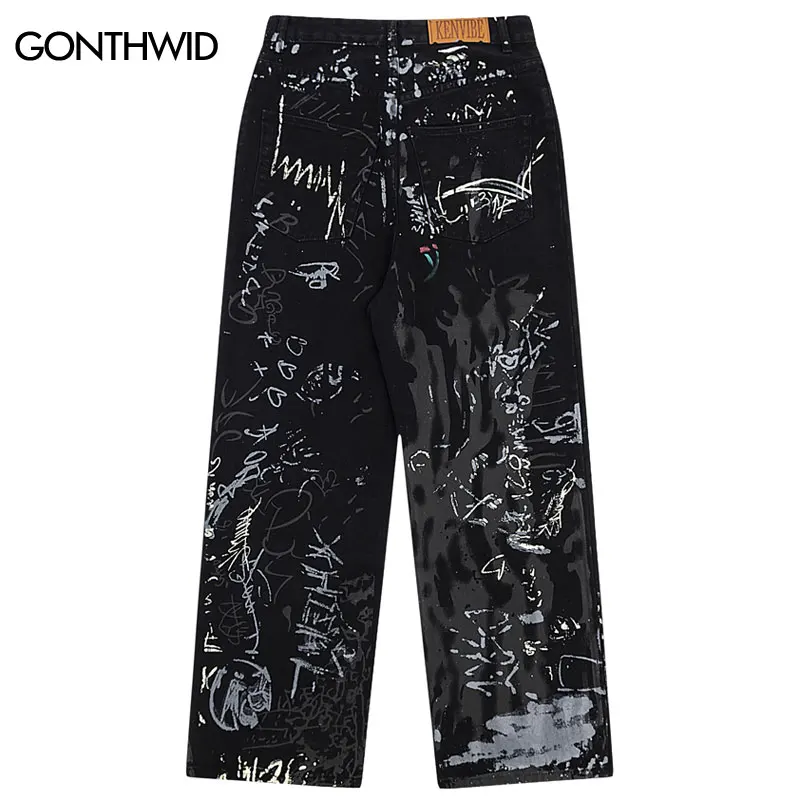 Hip Hop Black Jeans Y2K Men Graffiti Print Straight Wide Baggy Loose Denim Pants Streetwear 2023 Harajuku Fashion Punk Trousers