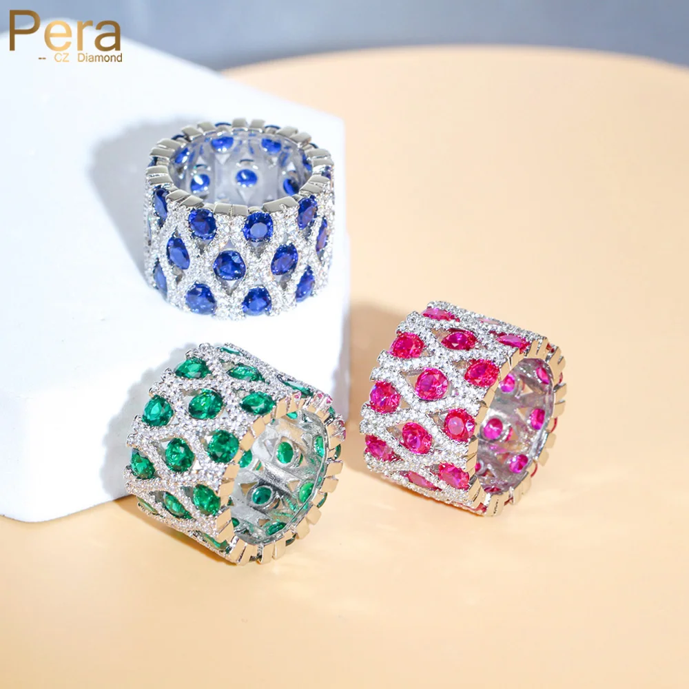 

Pera Dazzling Mesh Design Royal Blue Cubic Zirconia Big Round Statement Party Ring for Women Fashion Costume Finger Jewelry R043