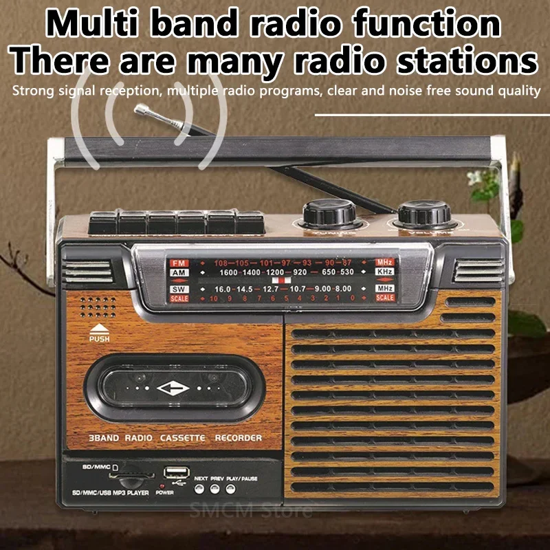 Portable Vintage Retro USB AM/FM/SW Multiband Radio Stereo Wireless Bluetooth Boombox Mp3 Audio Cassette Tape Player Recorder TF