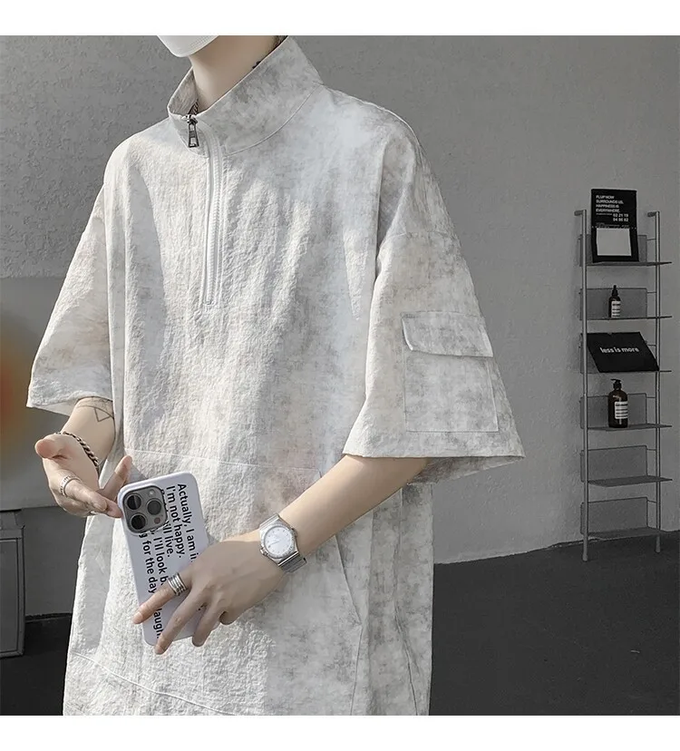 2026 Sommer Hong Kong Style Halb-Reißverschluss-Färbe-Set aus Eisseide mit Kühlfunktion, zweiteiliges Sportswear-Outfit im Hanfu-Stil mit kurzen Ärmeln – Detail 12