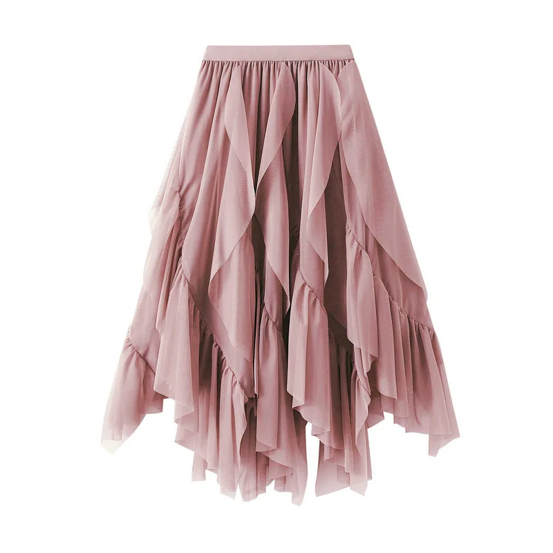 Women Printed Cake Skirt Ruffle Edge Yarn Skirt High Waist Mesh Half Skirt