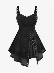ROSEGAL Plus Size Ribbed Layered Tank Top Rose Printed Crossover Bust Buckle Grommet Split Gothic Top for Women