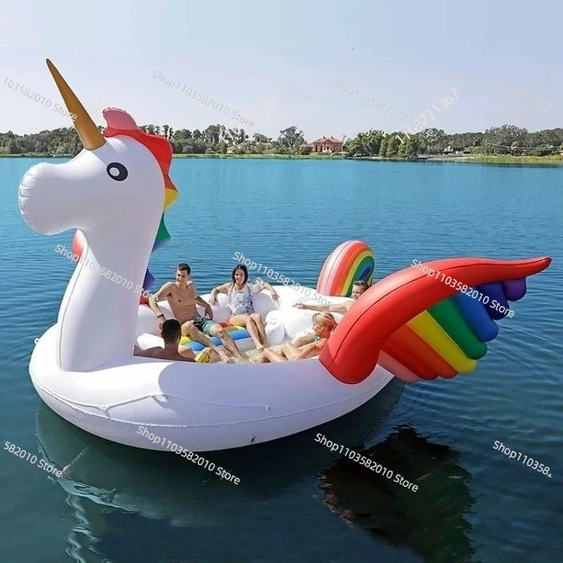 Large 4-Person Inflatable Floating Island, Fun Flamingo & Unicorn Water Rafts, Pool Lake Party Float for Adults & Kids
