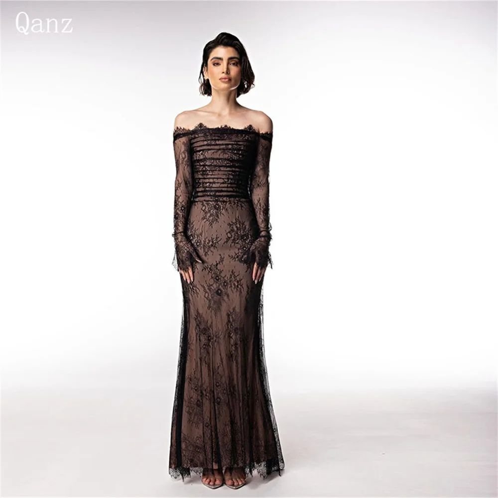 

Qanz Luxury Dubai Evening Dress Black Lace Boat Neck Long Sleeves Prom Dresses Mermaid Floor Length Vstidos De Fiesta Elegantes