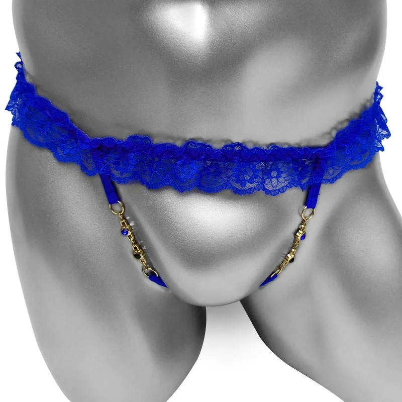 Men Sexy Lace Thong G-string Sissy Panties Ruffle Rhinestone Chain Butterfly Crossdresser Male Lingerie Low Waist Underwear