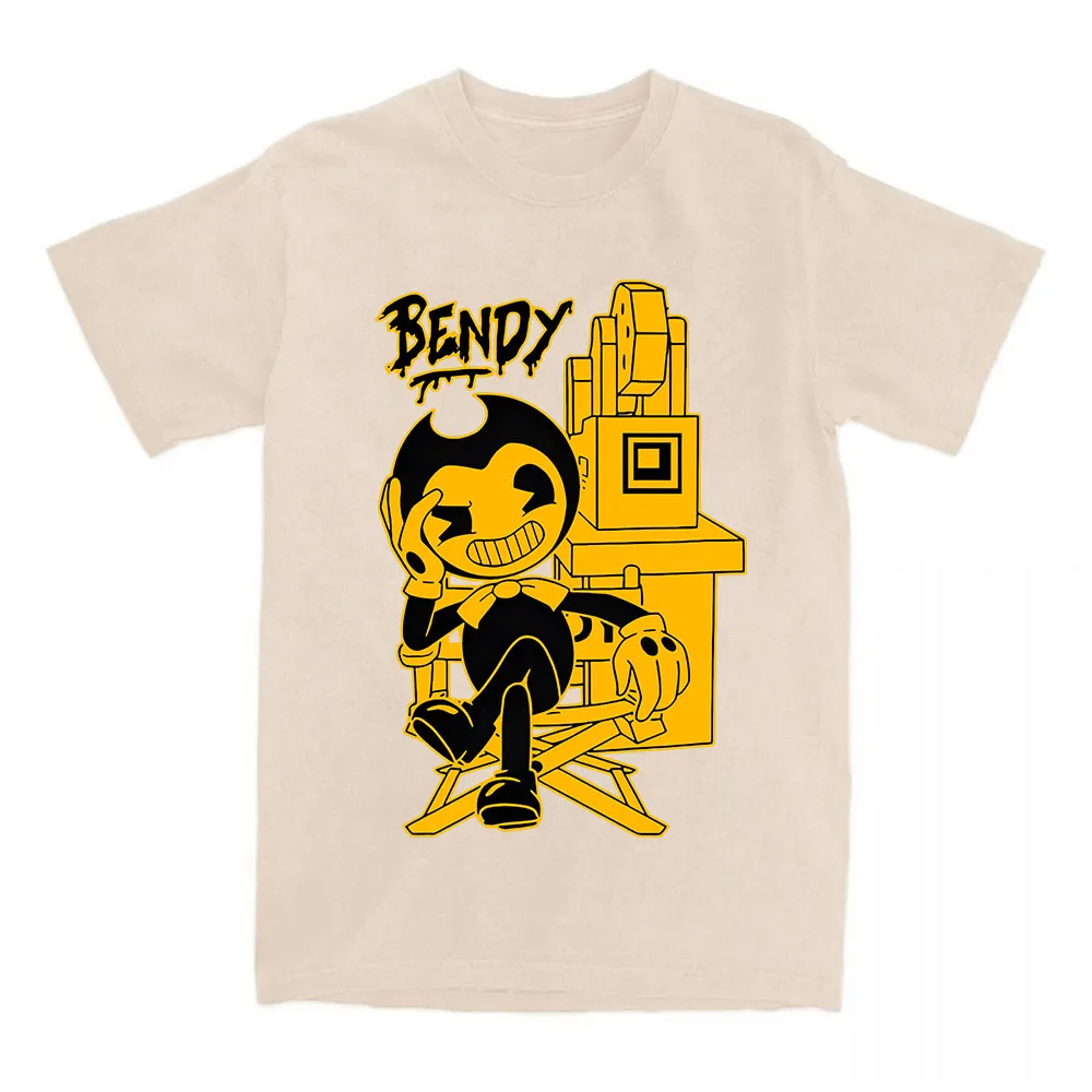 Herren T-Shirt mit Cartoon-Grafik „Bendy and The Ink Machine“-Regiestuhl, Retro-Horror-Spiel, Kurzarm, Lässiges Baumwoll-Streetwear-Tee – Detail 3
