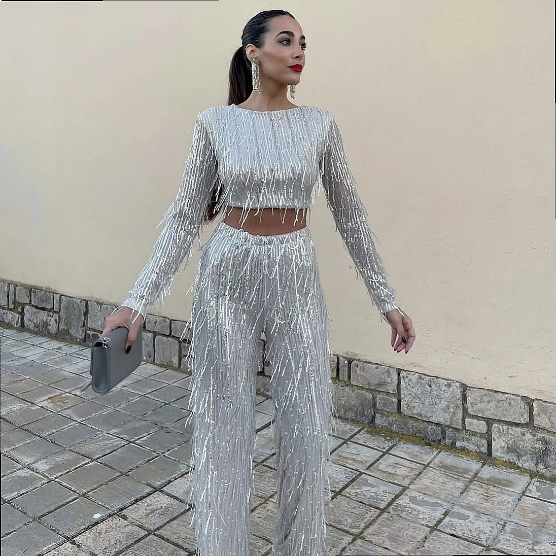 Sequins Tassel Blouse Top Wide Leg Pants Jumpsuit Party Evening Dress Matching Set