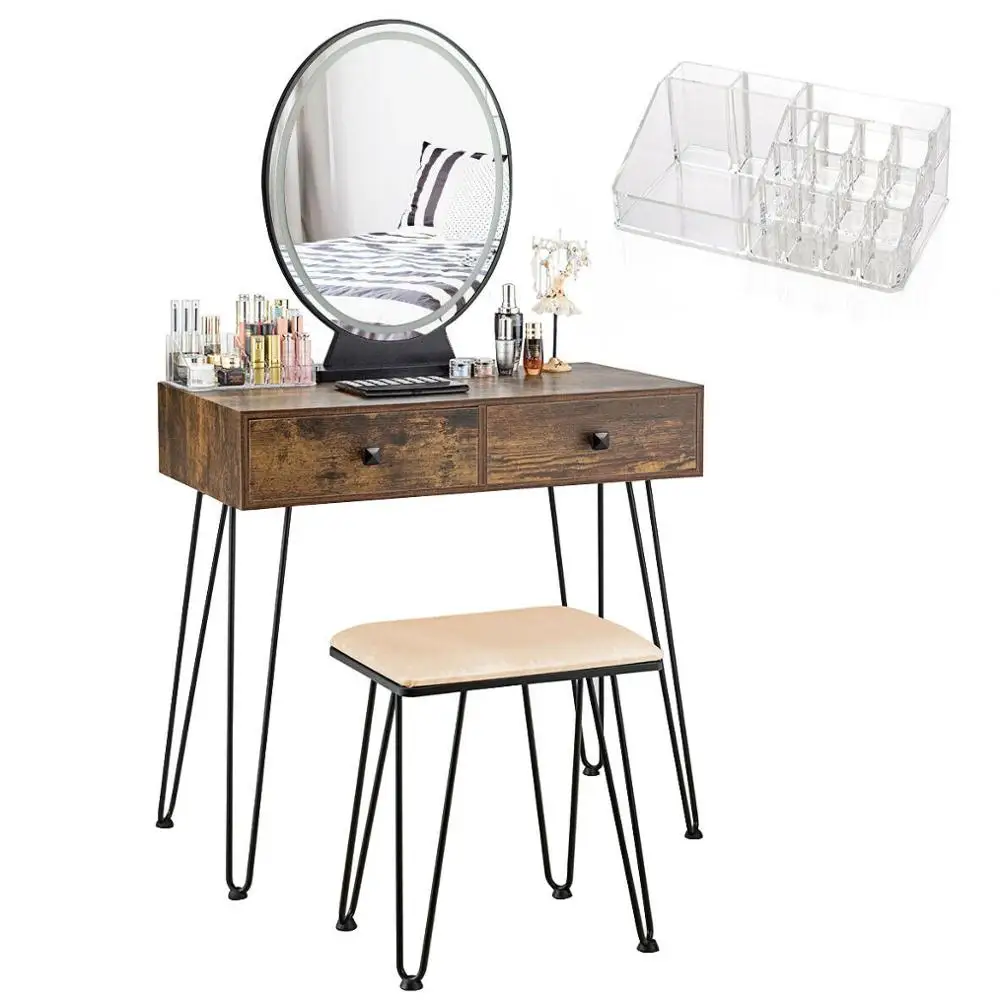 Vanity Makeup Dressing Table W/ 3 Lighting Modes Mirror Touch Switch Rustic