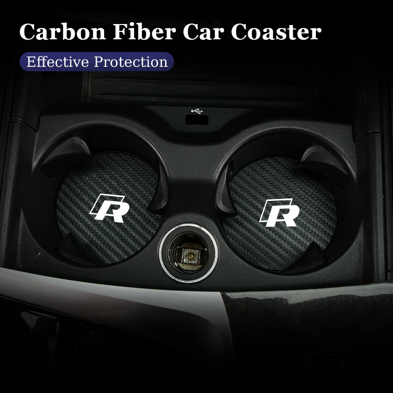 Car Coaster Carbon Fibre Waterproof Bottle Cup Holder Anti-slip Mats For VW R Tiguan CC Jetta Polo Golf Passat Scirocco Touareg