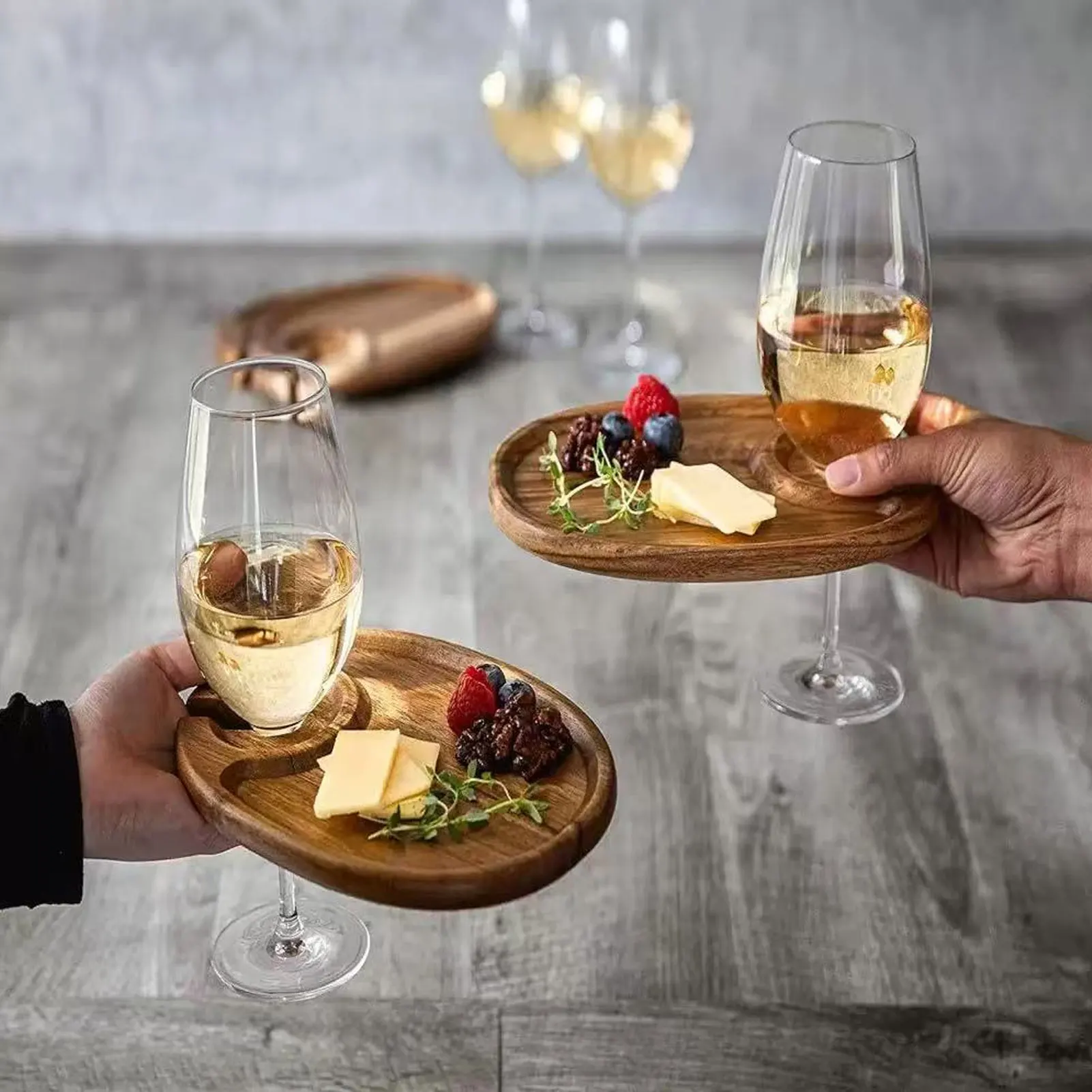 Wooden Wine Appetizer Plate with Glass Holder Cocktail Tray Mini Charcuterie Board for Cheese Snacks Party Entertainment